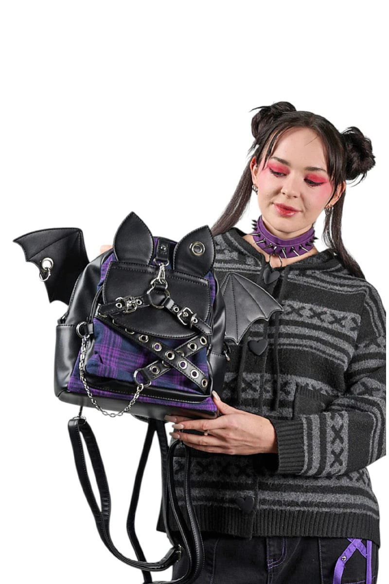 Banned Afterparty Chaos Backpack Purple Tartan Bat Wing Bag
