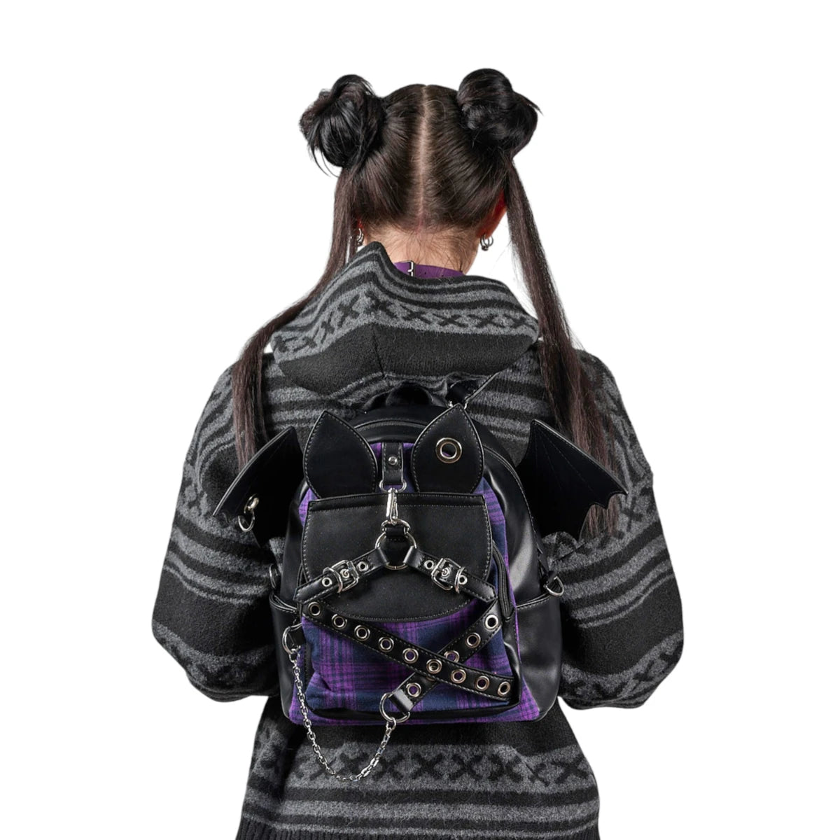 Banned Afterparty Chaos Backpack Purple Tartan Bat Wing Bag