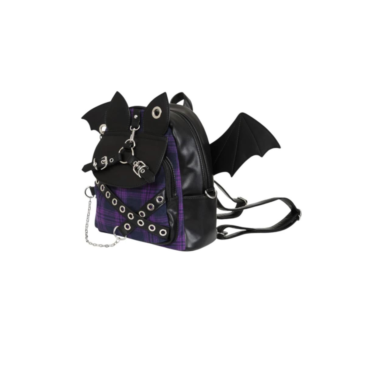 Banned Afterparty Chaos Backpack Purple Tartan Bat Wing Bag