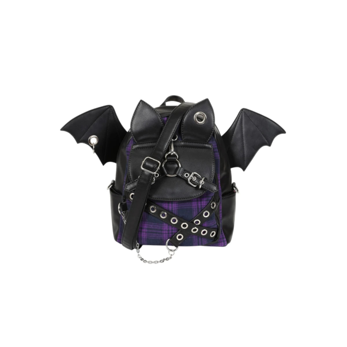 Banned Afterparty Chaos Backpack Purple Tartan Bat Wing Bag