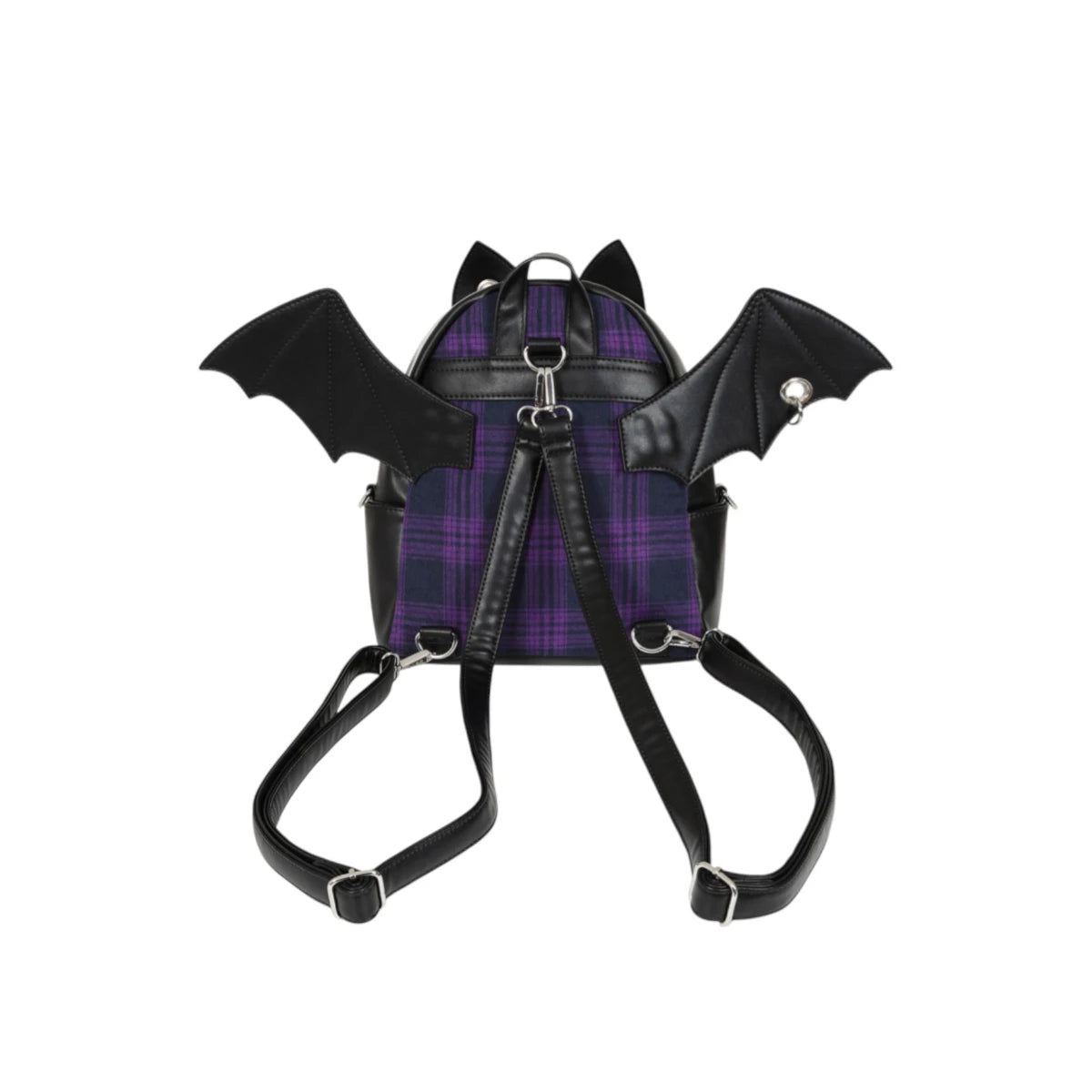 Banned Afterparty Chaos Backpack Purple Tartan Bat Wing Bag