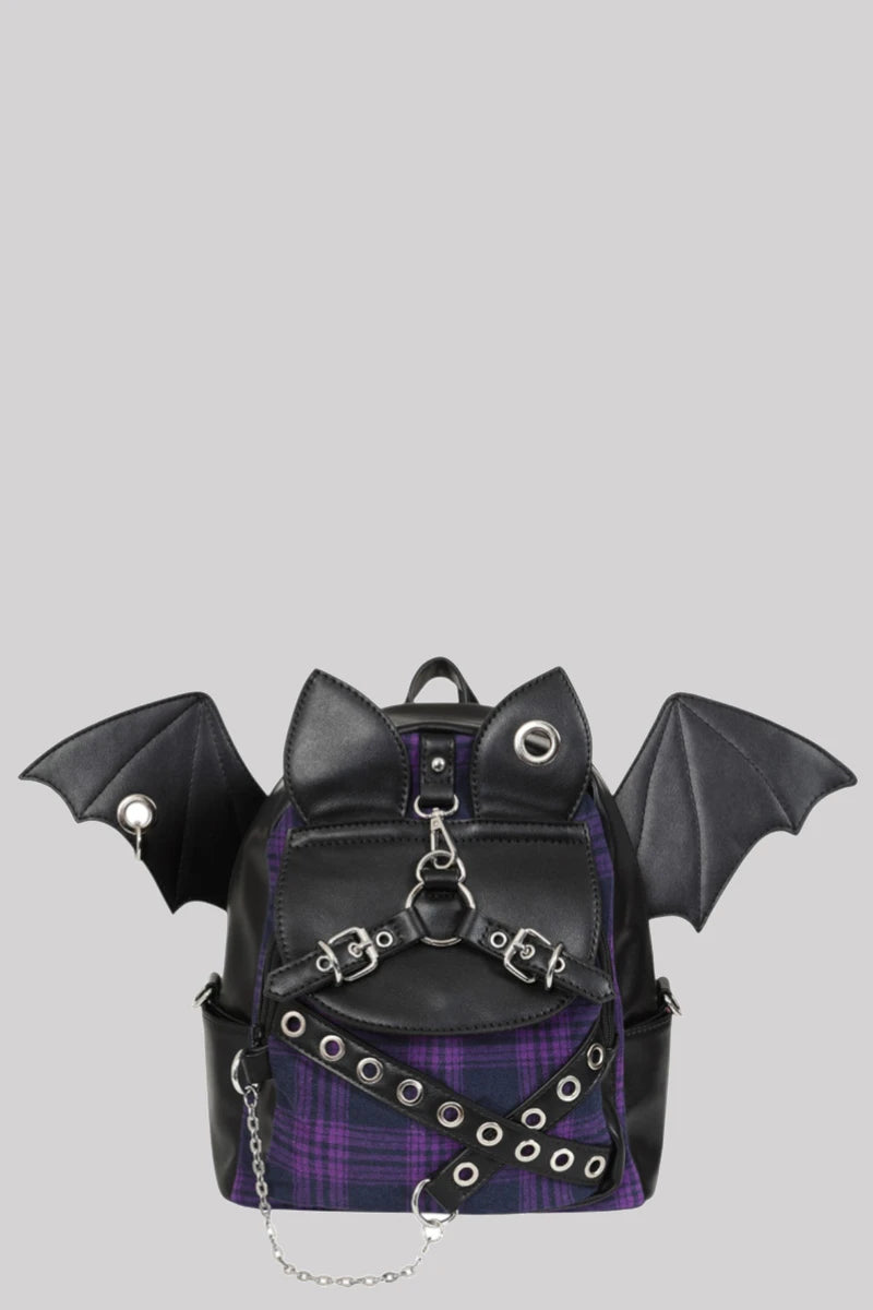 Banned Afterparty Chaos Backpack Purple Tartan Bat Wing Bag