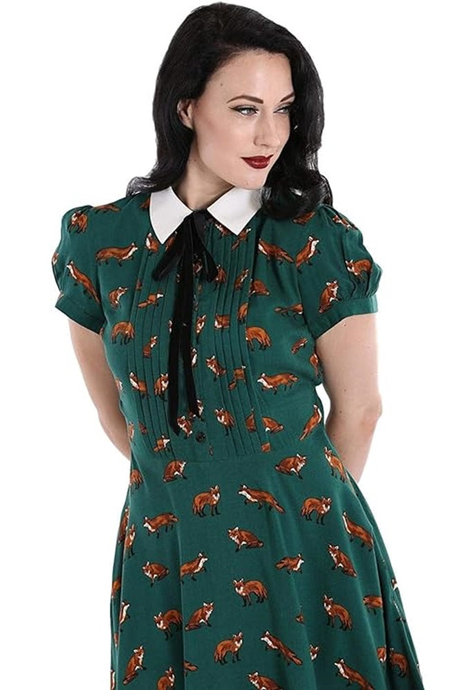 Hell Bunny Vixey Fox Retro 1960's Dress - Green UK 14