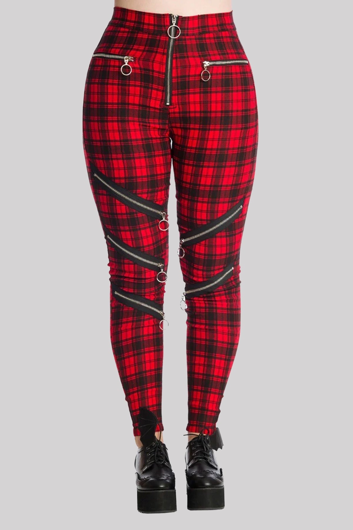Banned Enchanted Red Tartan Punk Skinny Trousers