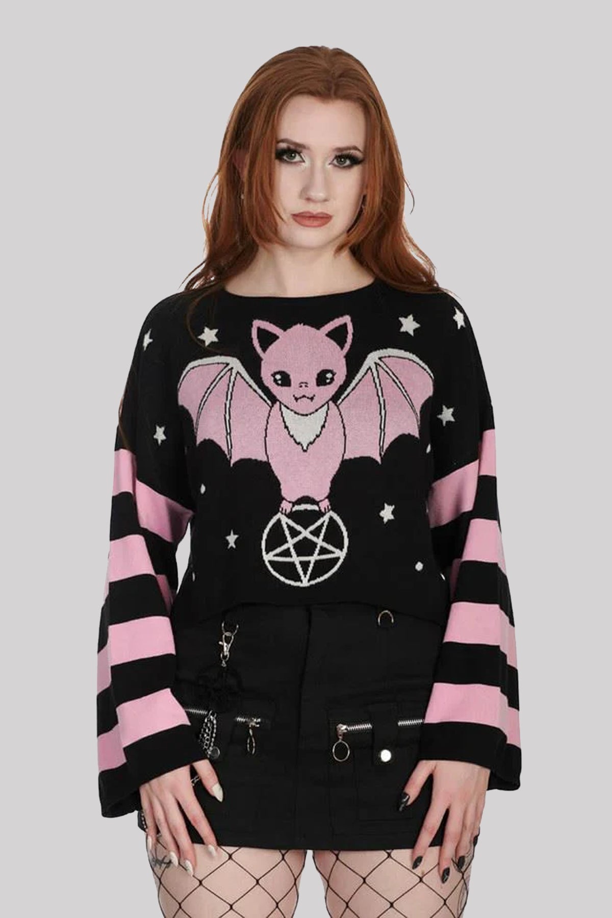 Banned Kamiko Top Pink Black Gothic Relaxed Knitted Jumper UK 10