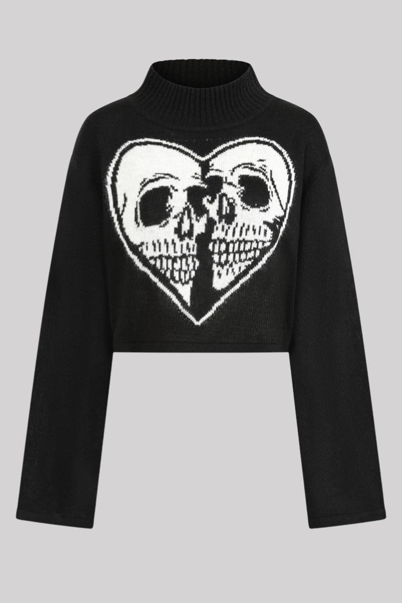 Banned Amoret Jumper Skull Heart Cropped High Neck Knit Top
