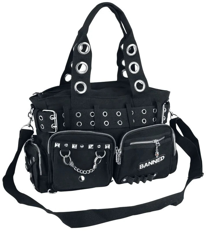 Black handbag with studded details and 'Banned' branding on a white background