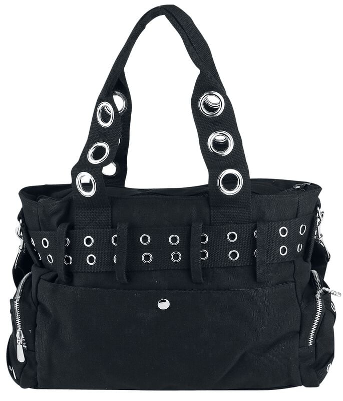 Black handbag with grommet details on a white background