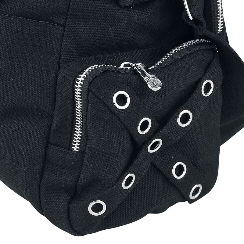 Black backpack with silver zippers and eyelets on a white background