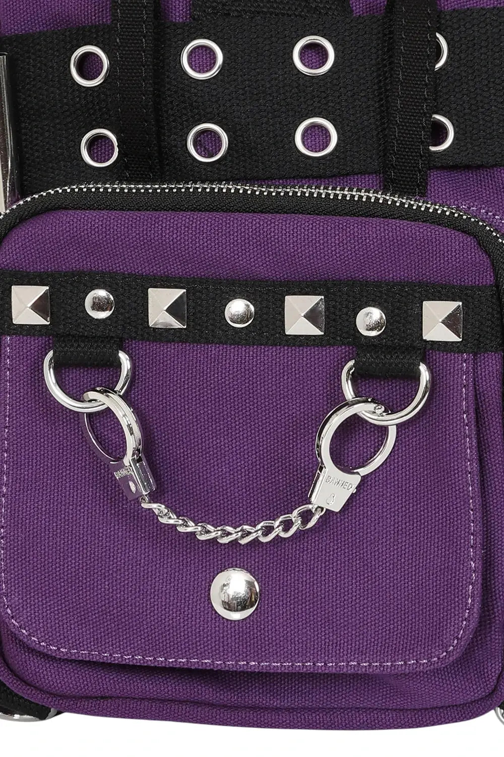 Banned Punk Shoulder Bag with Handcuffs – “Sweet Revenge” Purple Canvas
