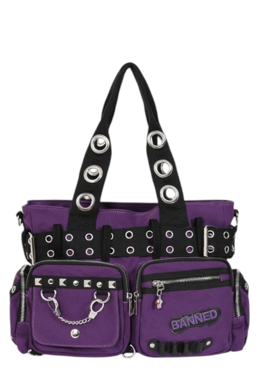 Banned Punk Shoulder Bag with Handcuffs – “Sweet Revenge” Purple Canvas