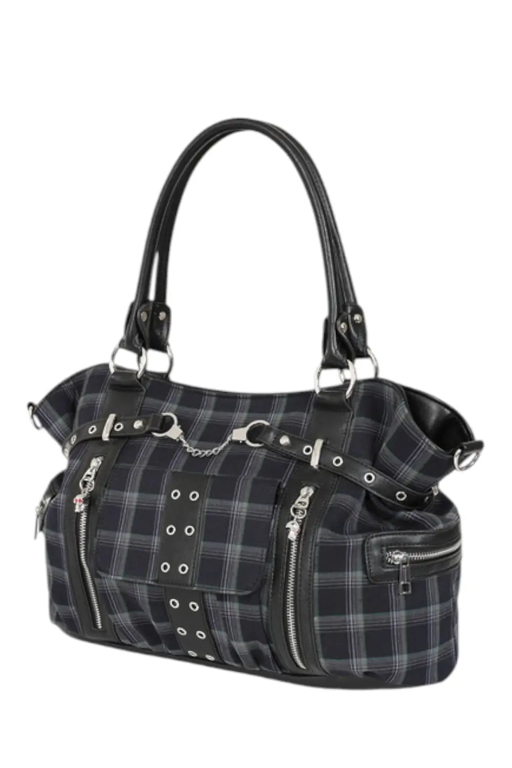 Banned Rise Up Handbag Grey Tartan Handcuff Gothic Punk Bag
