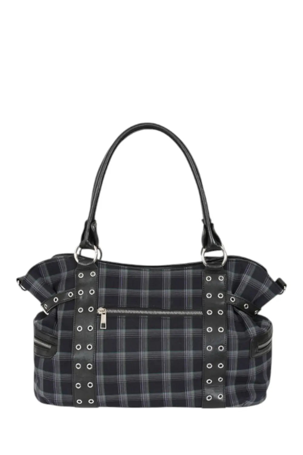 Banned Rise Up Handbag Grey Tartan Handcuff Gothic Punk Bag
