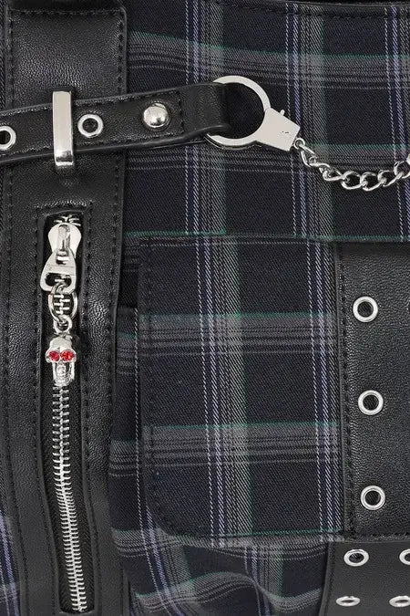 Banned Rise Up Handbag Grey Tartan Handcuff Gothic Punk Bag