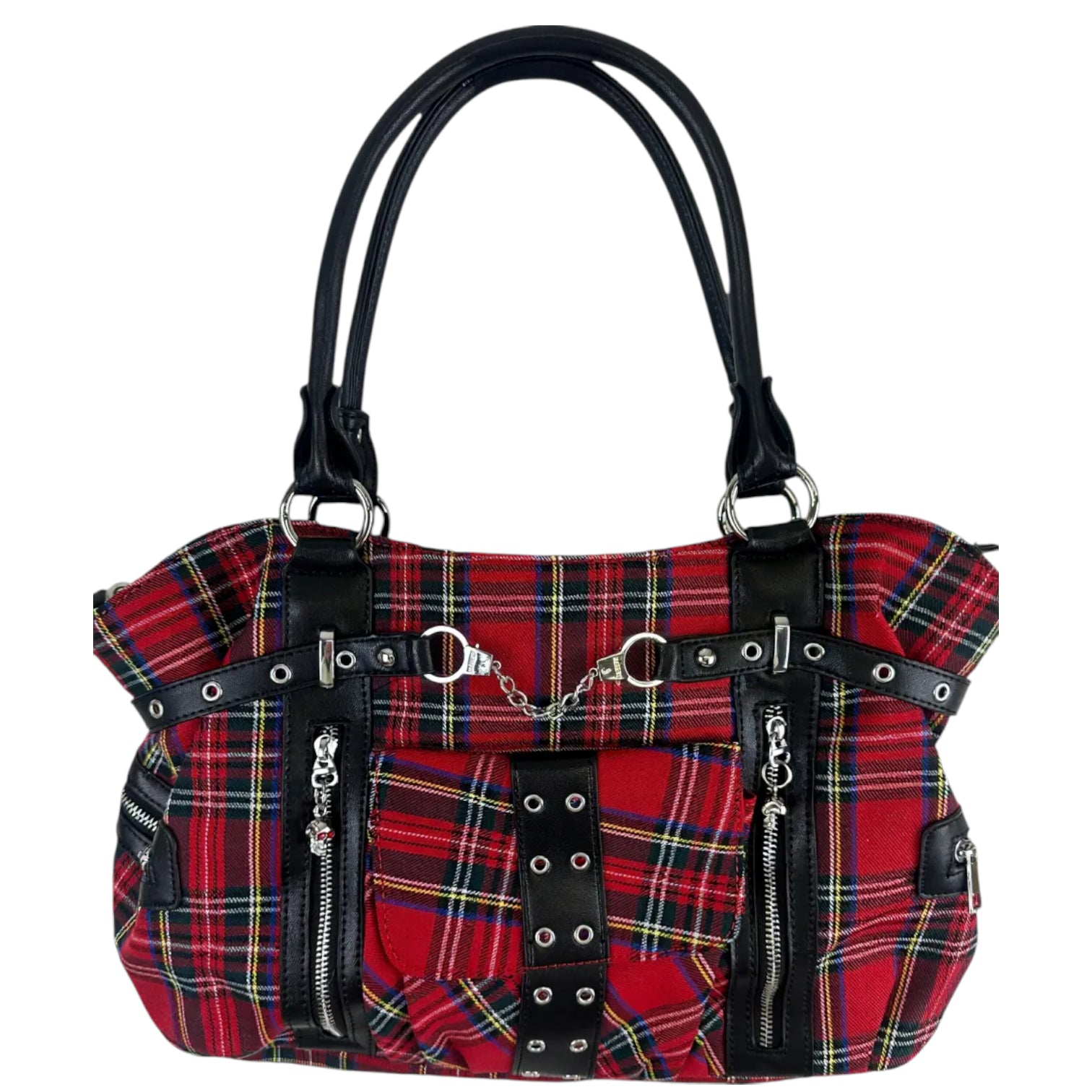 Banned Rise Up Red Tartan Punk Handcuff Bag – Gothic Shoulder Tote