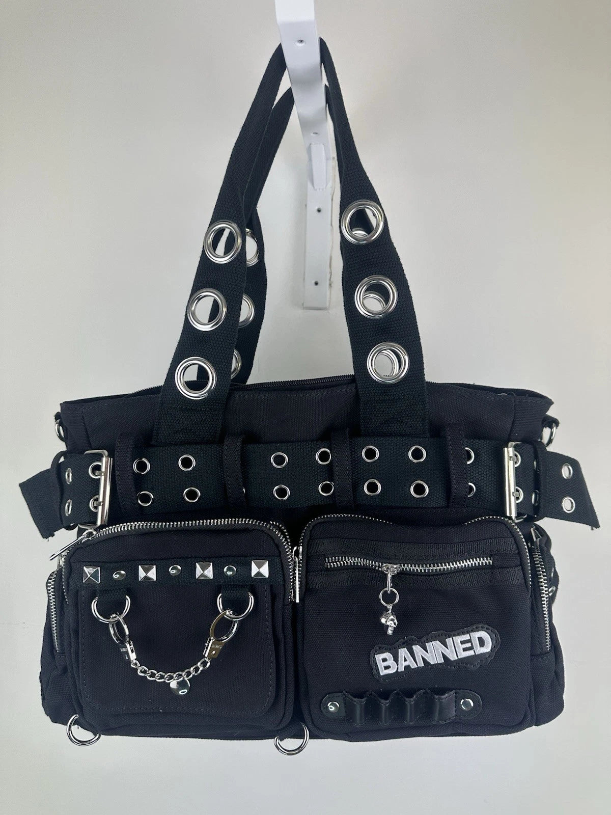 Banned Punk Shoulder Bag with Handcuffs – “Sweet Revenge” Black Canvas