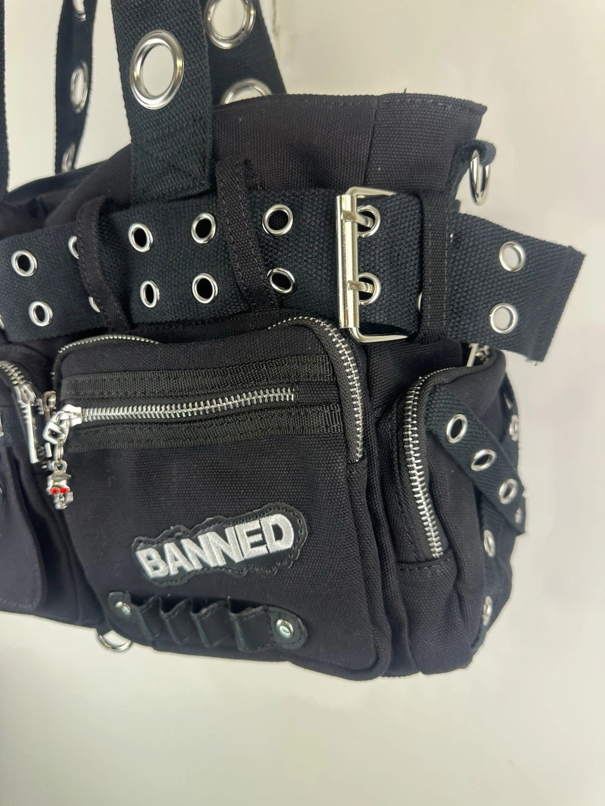 Banned Punk Shoulder Bag with Handcuffs – “Sweet Revenge” Black Canvas