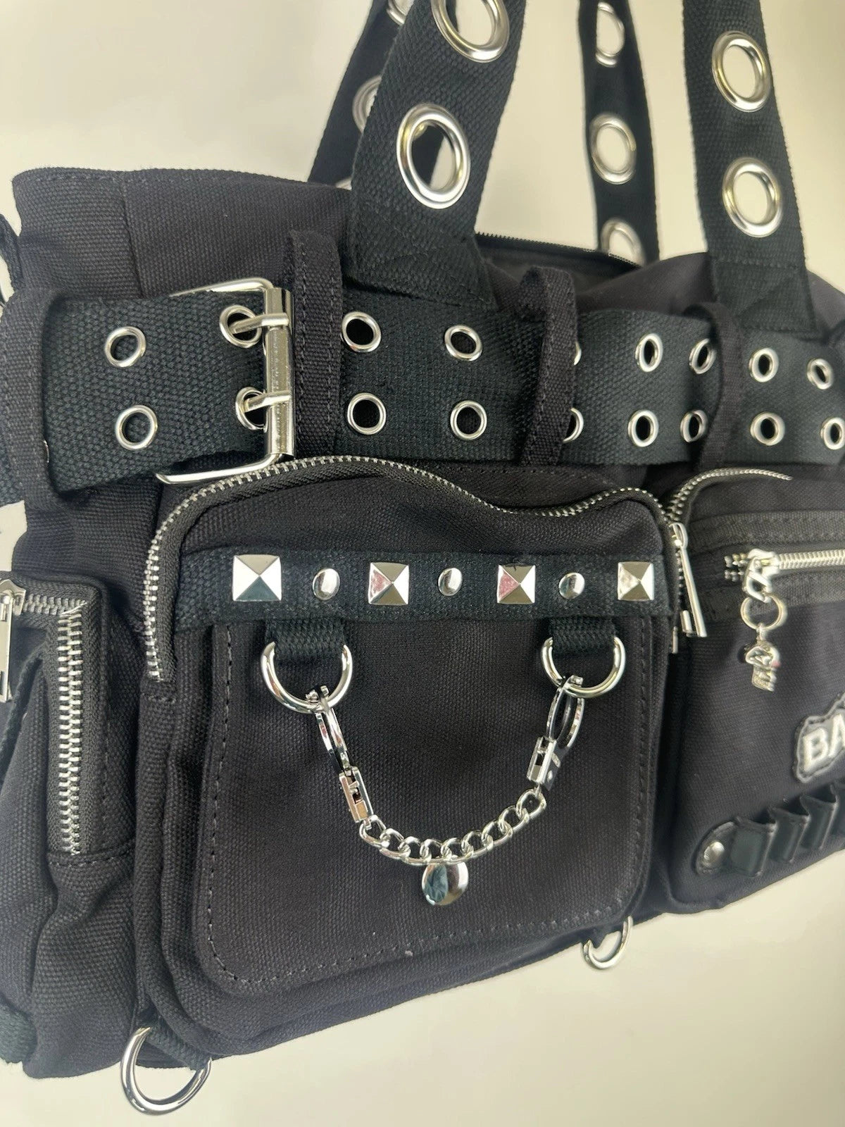 Banned Punk Shoulder Bag with Handcuffs – “Sweet Revenge” Black Canvas