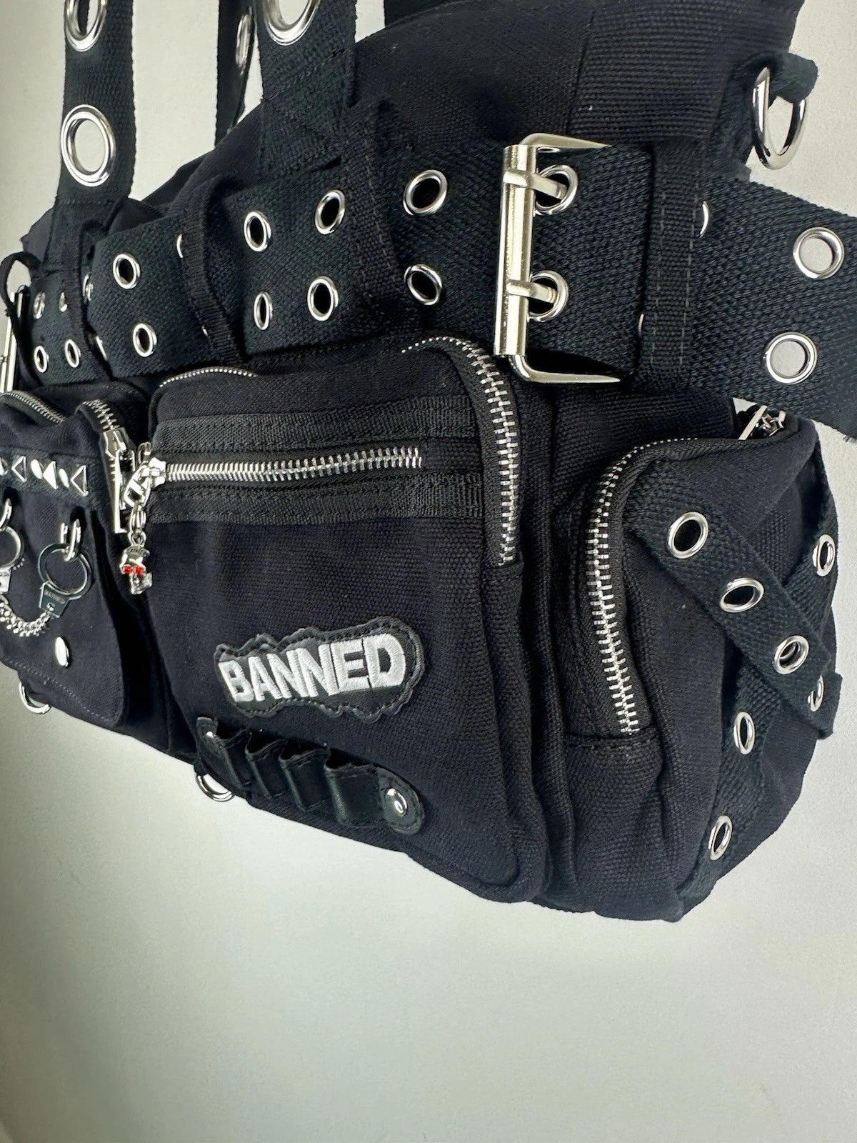Banned Punk Shoulder Bag with Handcuffs – “Sweet Revenge” Black Canvas