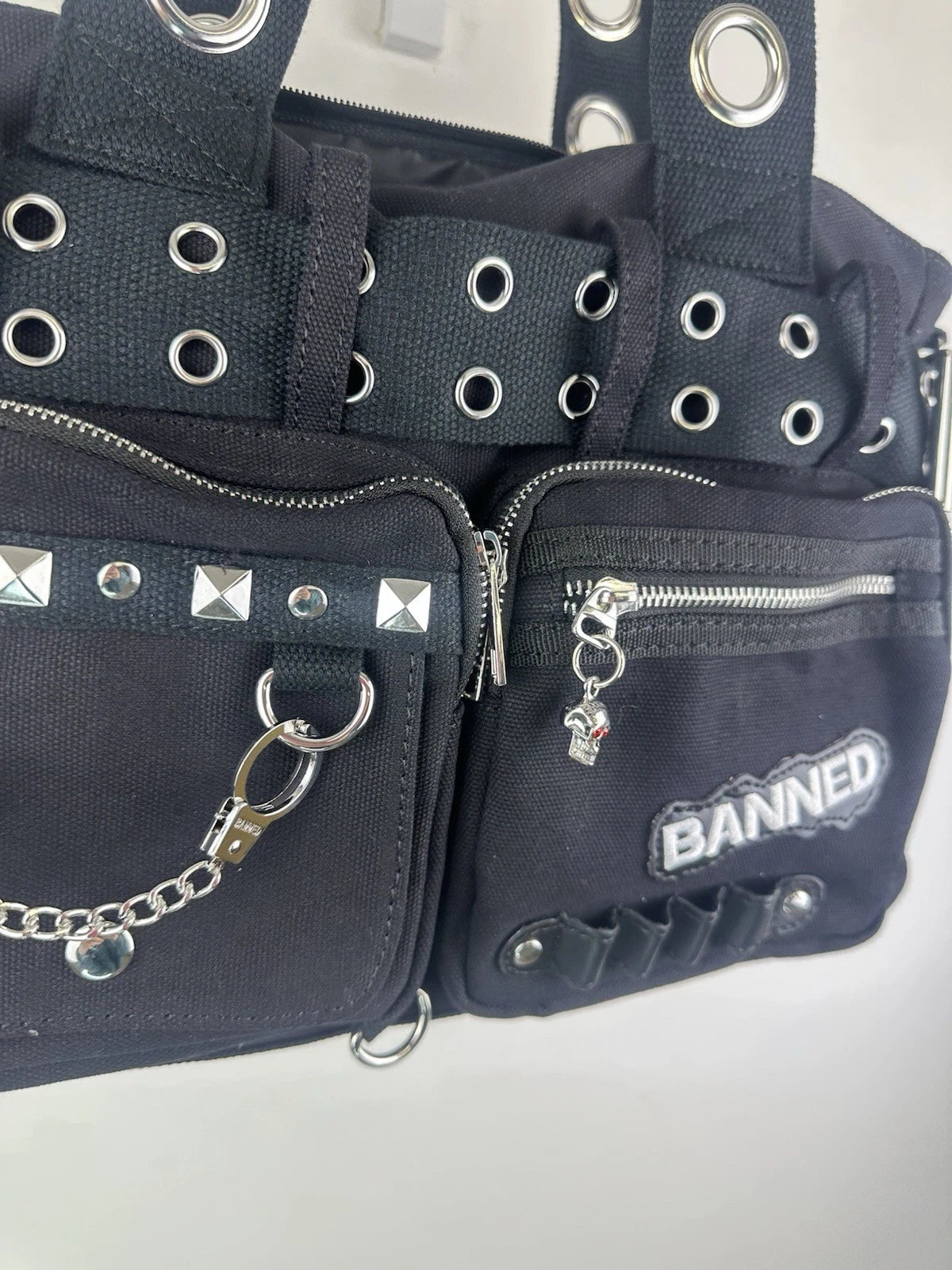 Banned Punk Shoulder Bag with Handcuffs – “Sweet Revenge” Black Canvas