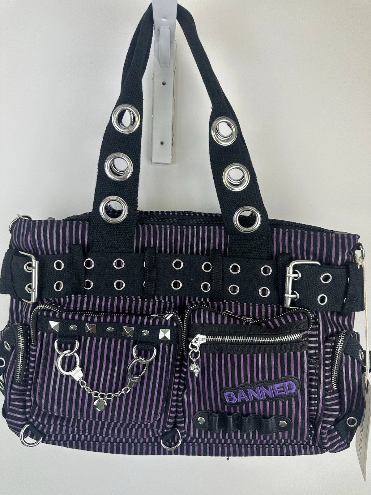 Banned Punk Handcuff Bag – “Sweet Revenge” Striped Black & Purple Canvas