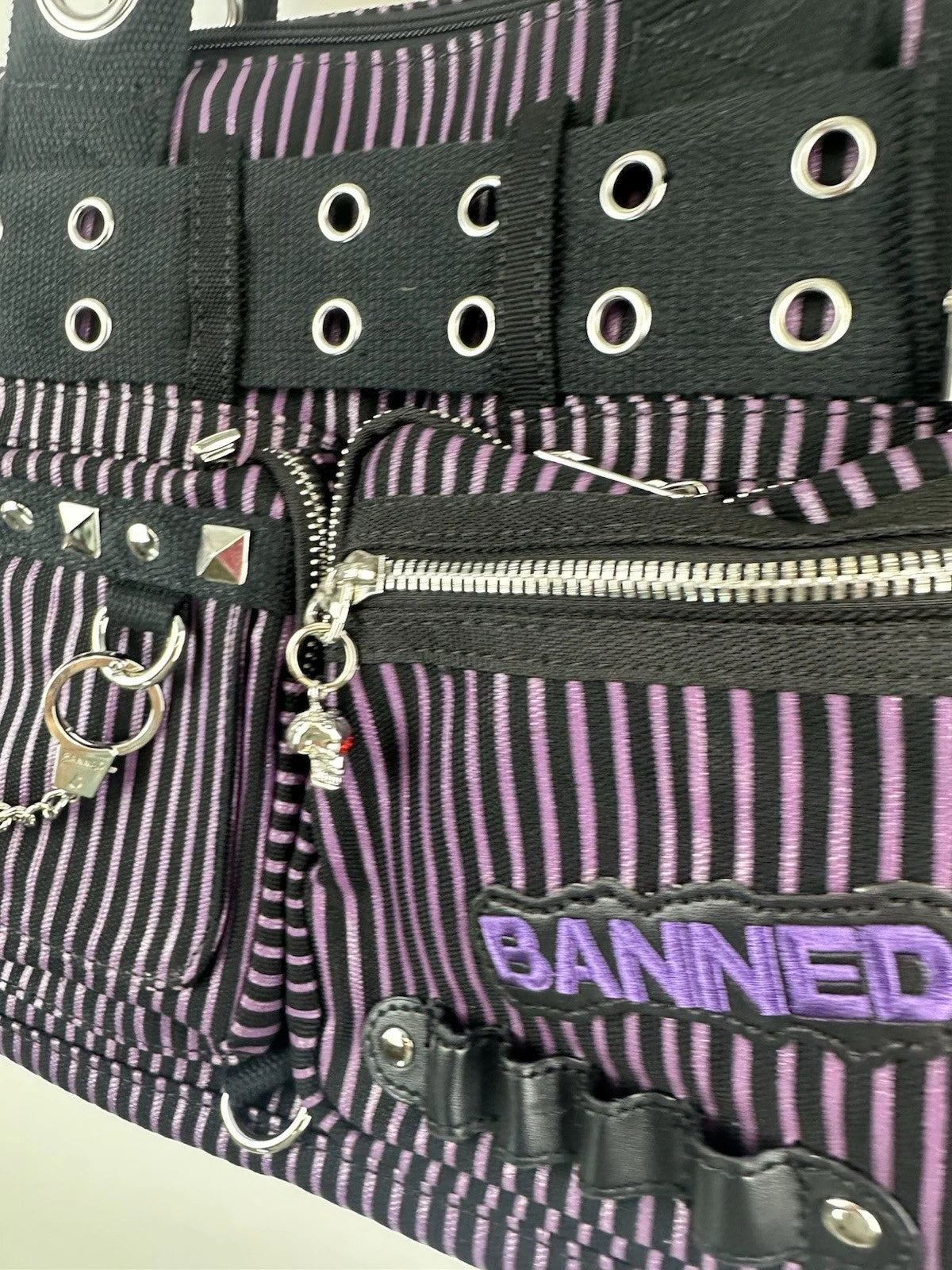 Banned Punk Handcuff Bag – “Sweet Revenge” Striped Black & Purple Canvas