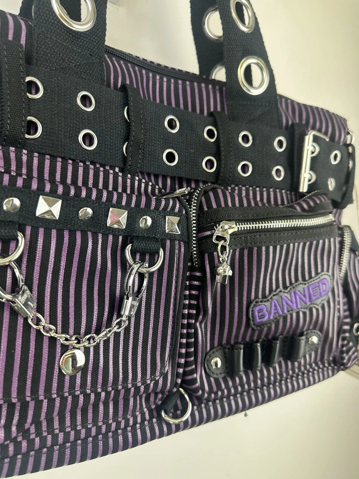 Banned Punk Handcuff Bag – “Sweet Revenge” Striped Black & Purple Canvas