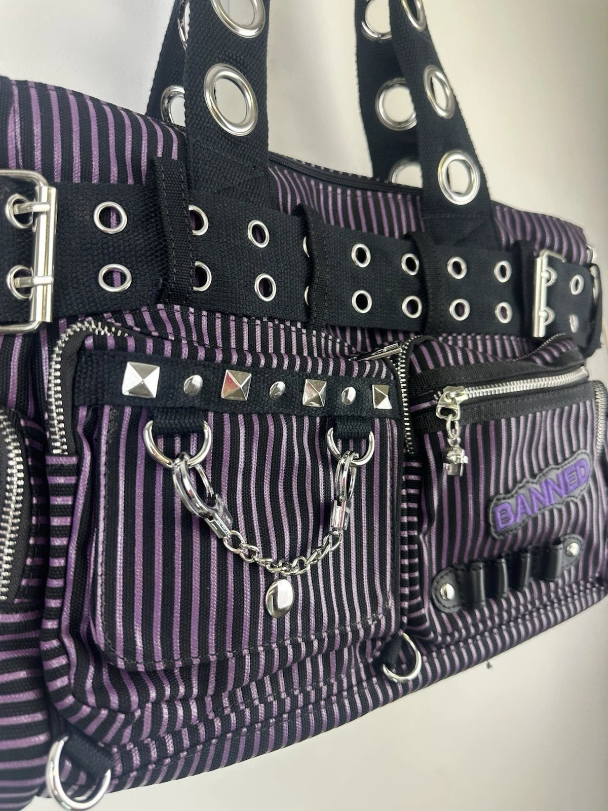 Banned Punk Handcuff Bag – “Sweet Revenge” Striped Black & Purple Canvas
