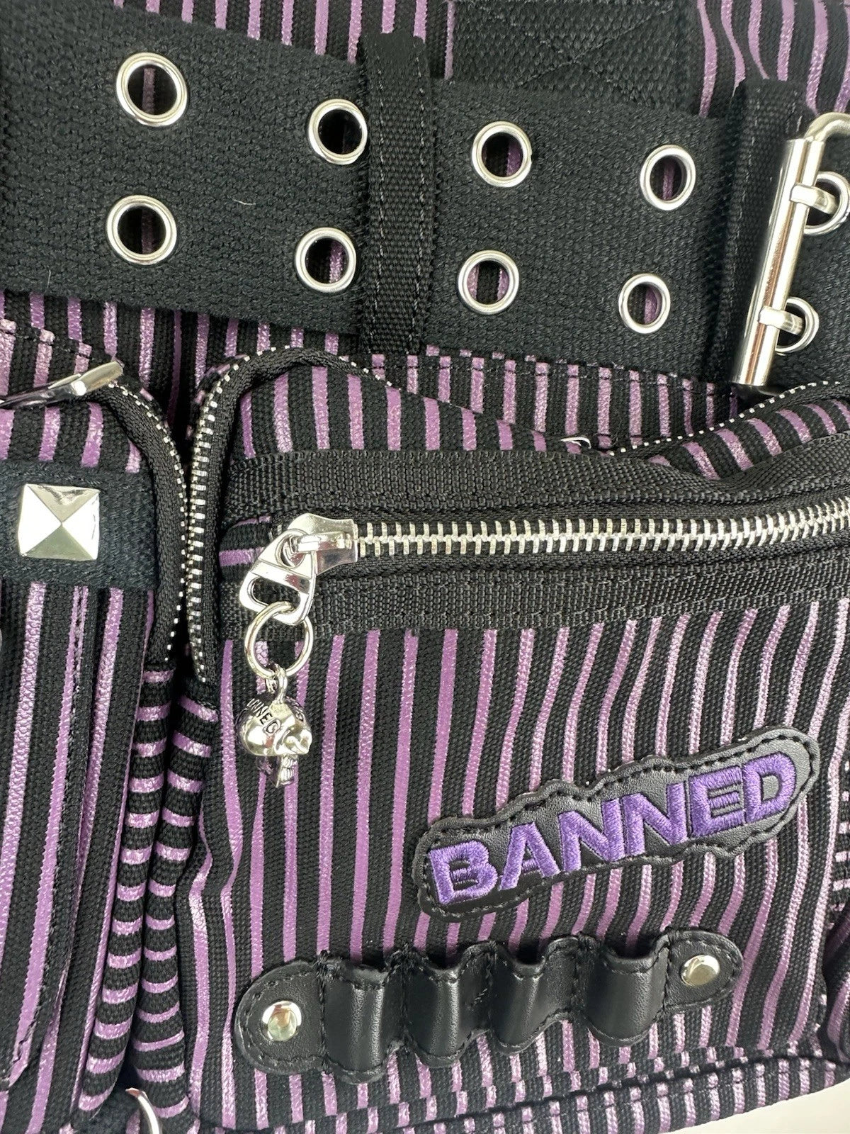 Banned Punk Handcuff Bag – “Sweet Revenge” Striped Black & Purple Canvas