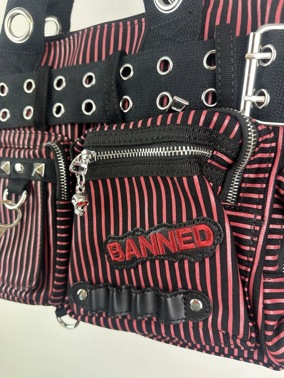 Banned Punk Handcuff Bag – “Sweet Revenge” Striped Black & Red Canvas