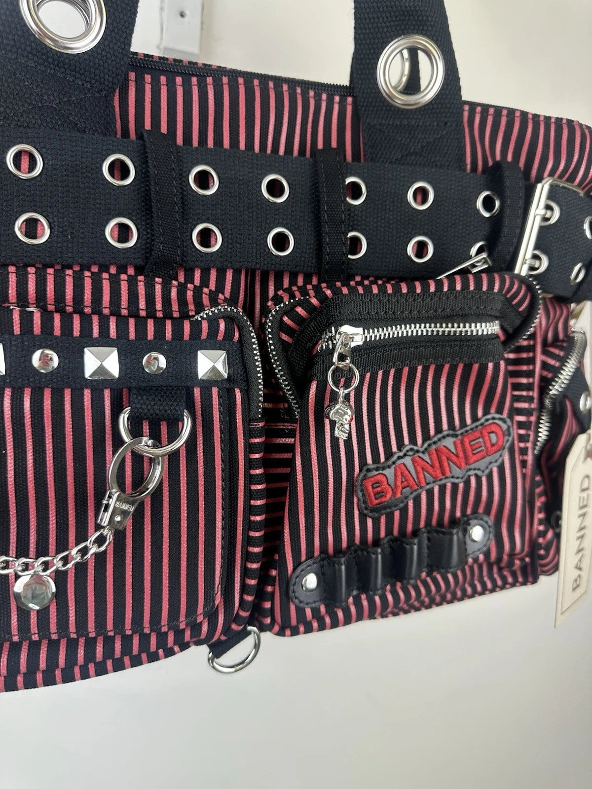 Banned Punk Handcuff Bag – “Sweet Revenge” Striped Black & Red Canvas