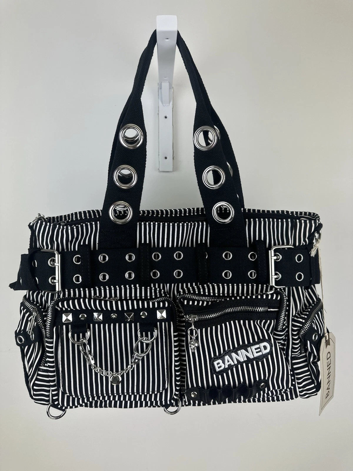 Banned Punk Handcuff Bag – “Sweet Revenge” Striped Black & White Canvas