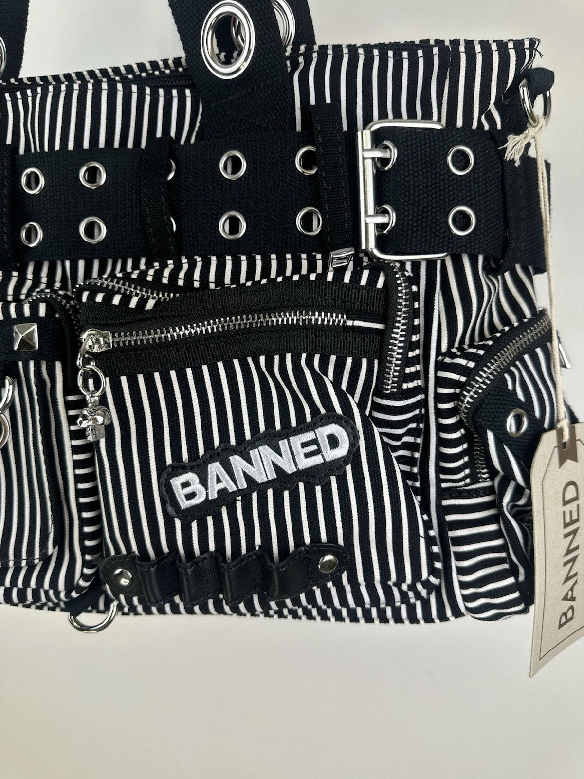 Banned Punk Handcuff Bag – “Sweet Revenge” Striped Black & White Canvas
