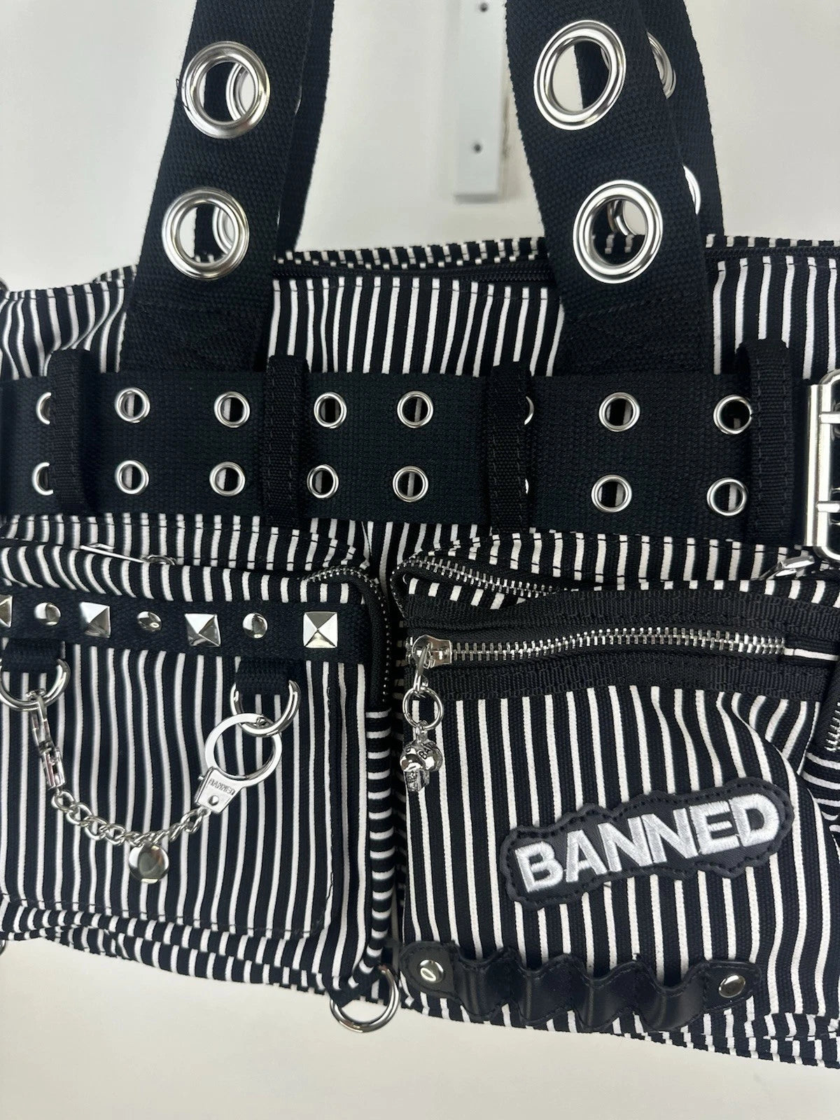 Banned Punk Handcuff Bag – “Sweet Revenge” Striped Black & White Canvas