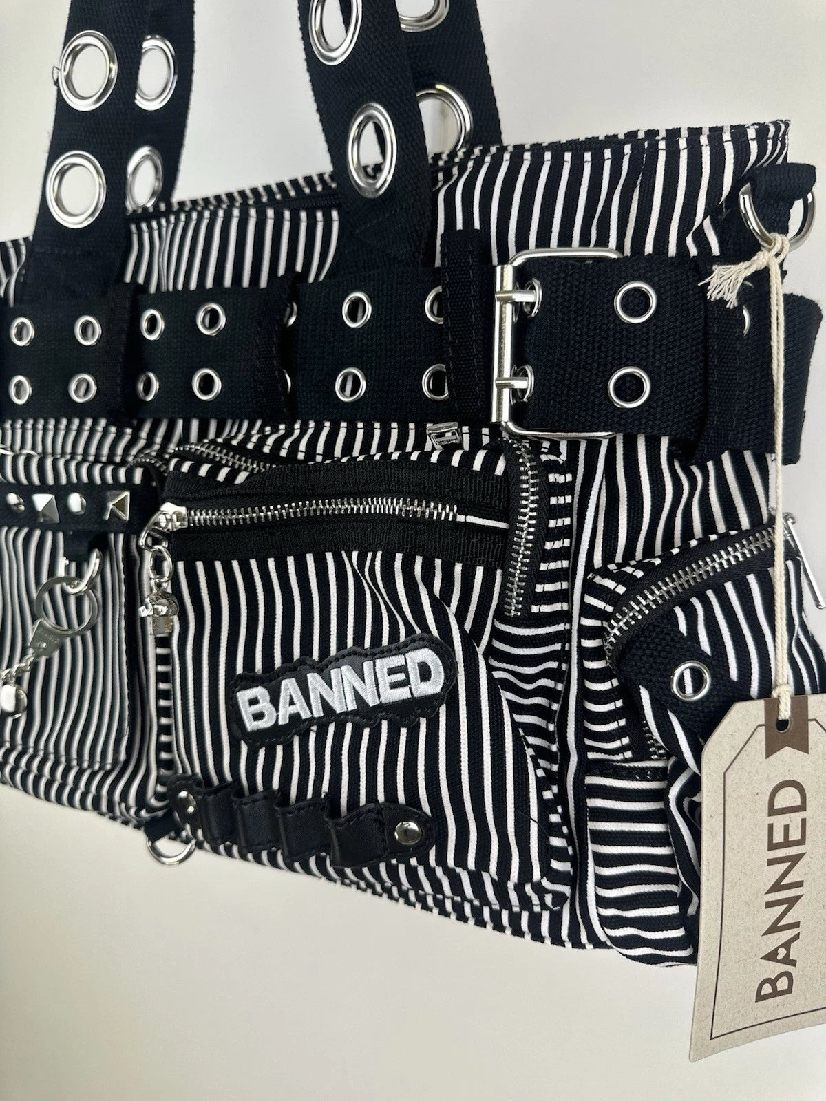 Banned Punk Handcuff Bag – “Sweet Revenge” Striped Black & White Canvas
