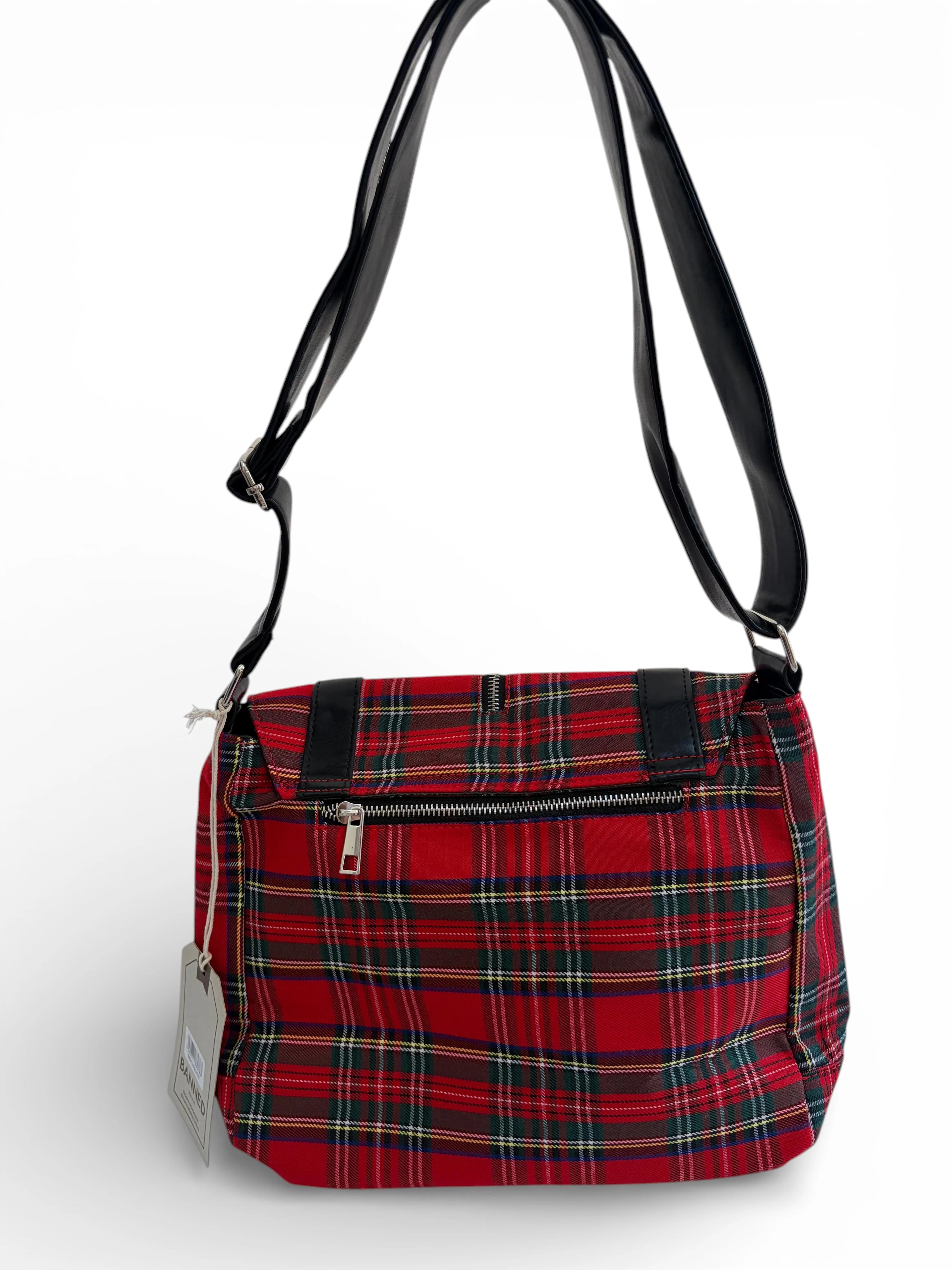 Banned “Twice the Action” Red Tartan Messenger Bag