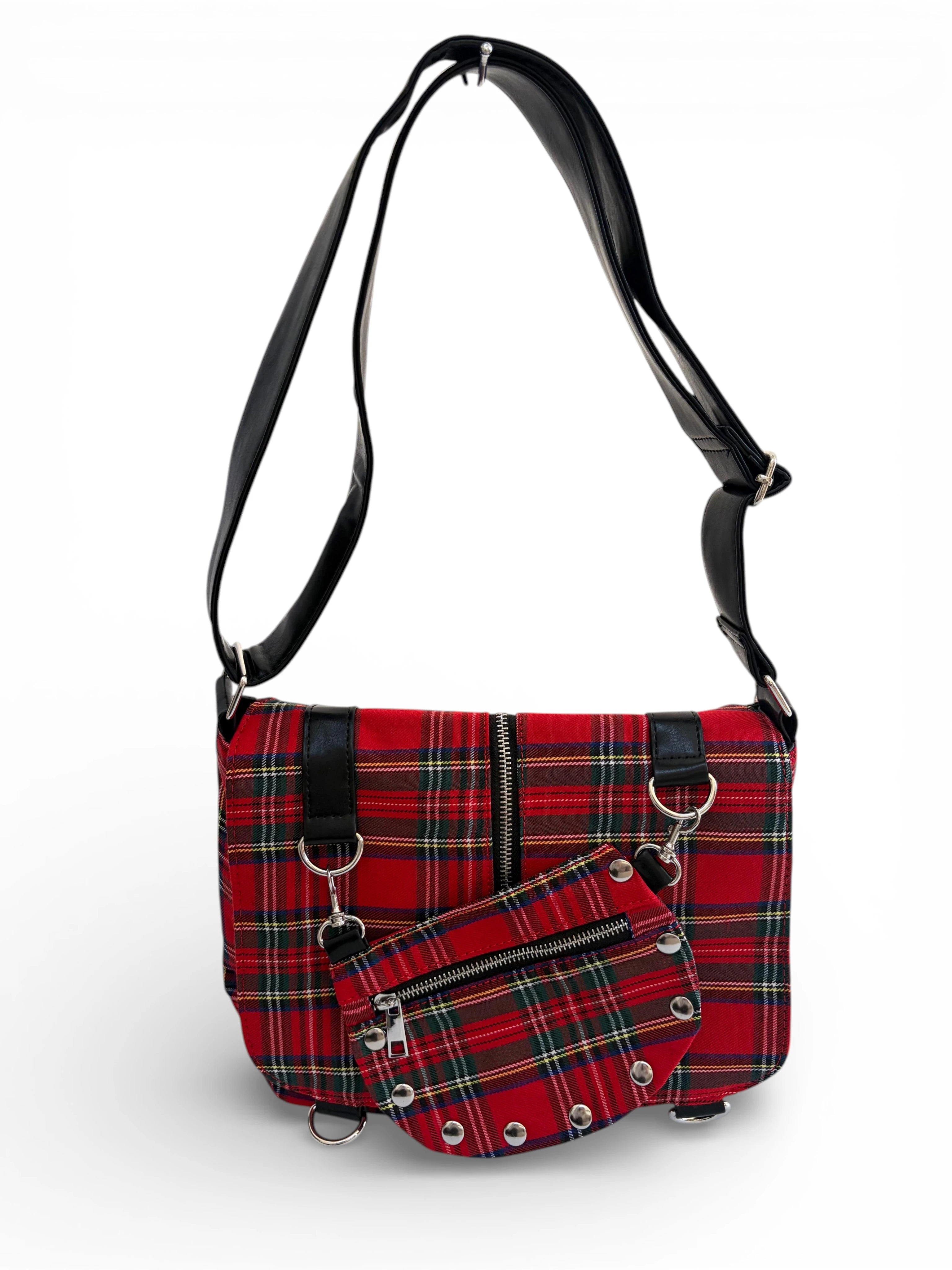 Banned “Twice the Action” Red Tartan Messenger Bag