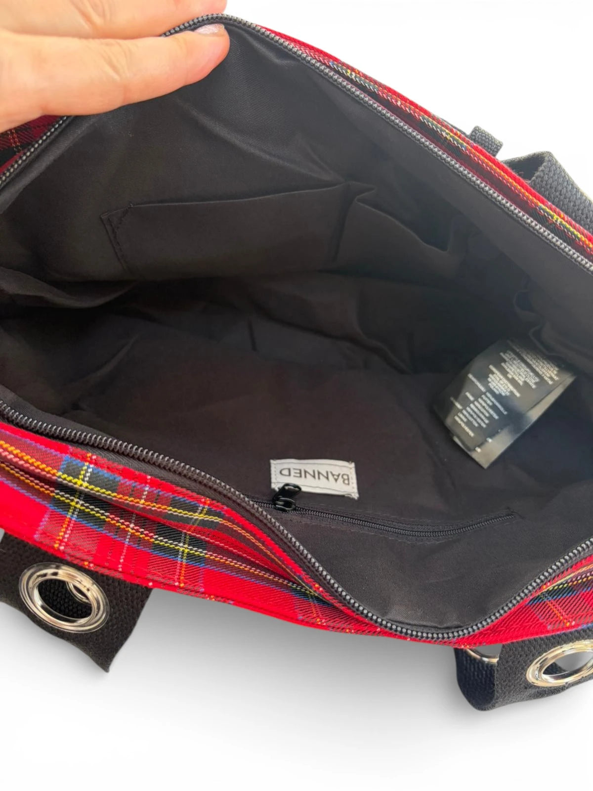 Banned “Twice the Action” Red Tartan Messenger Bag