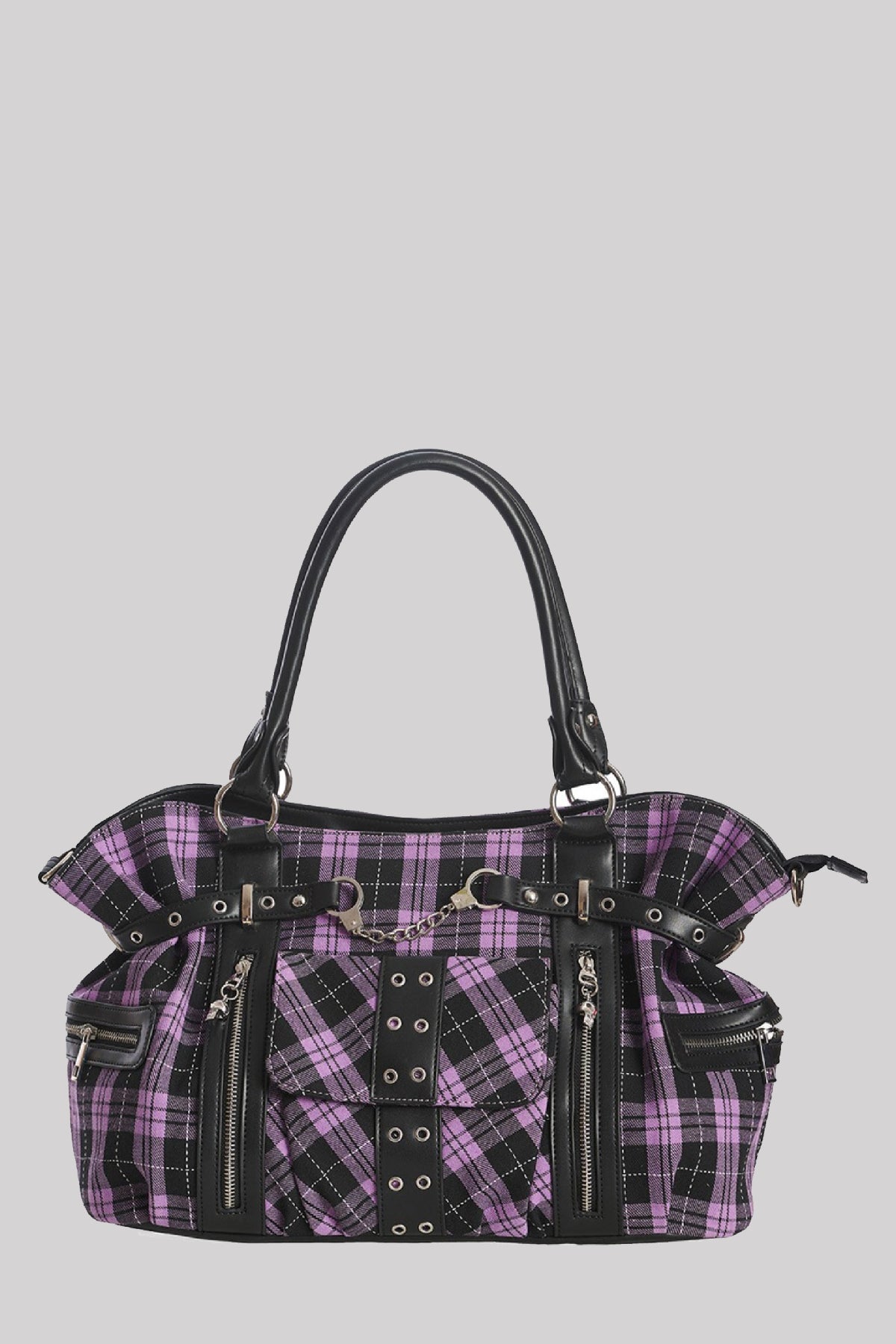 Banned Tartan Handcuff Purse Purple - Sac à Main Menottes Tartan Violet Style Punk Rock