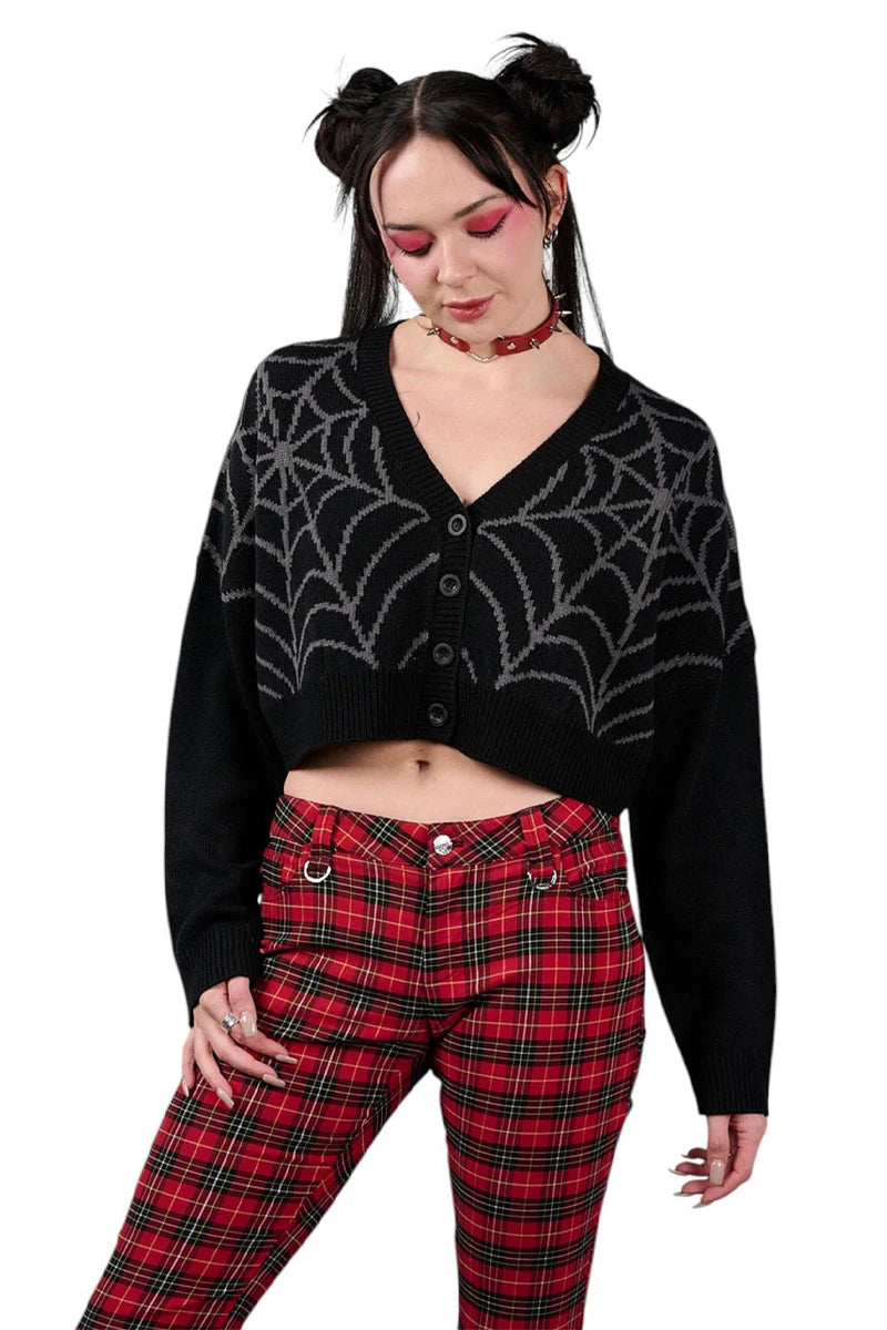 Banned Spider Cropped Cardigan Black Spider Web Knit Gothic