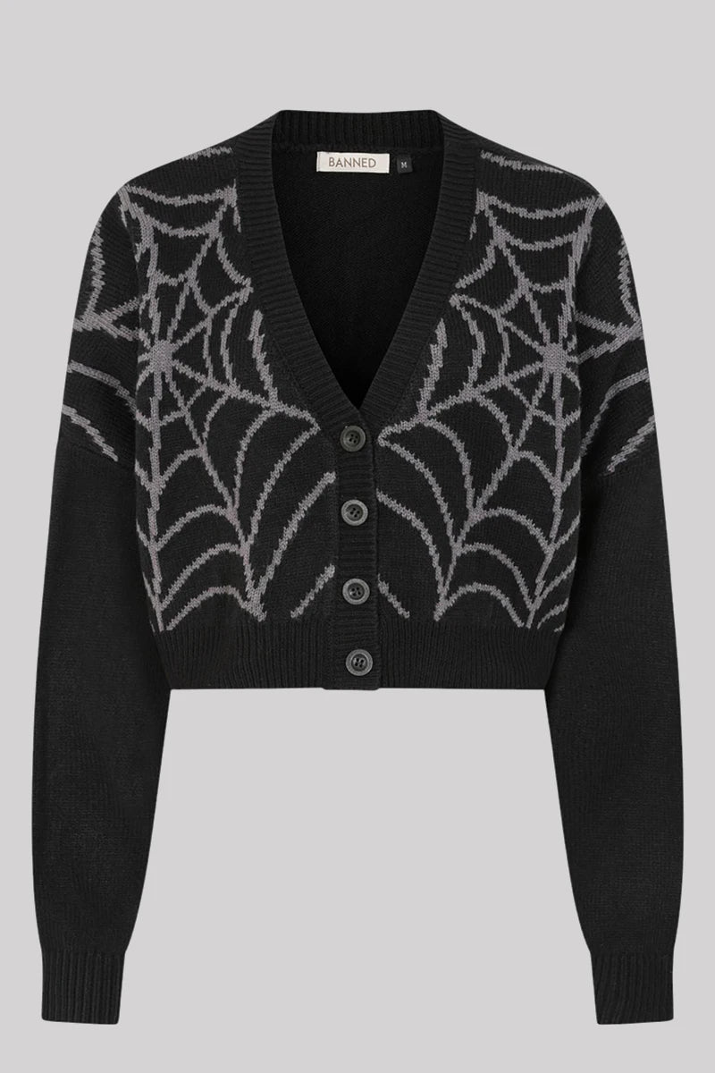 Banned Spider Cropped Cardigan Black Spider Web Knit Gothic