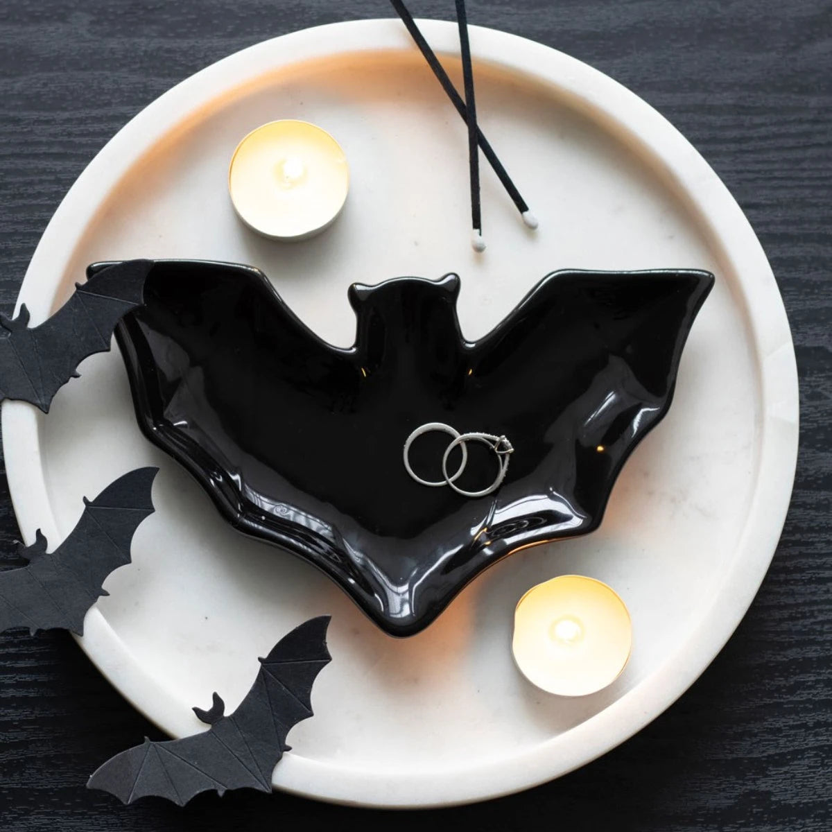 Bat Trinket Dish - Black Ceramic Jewelry Holder for Gothic Decor