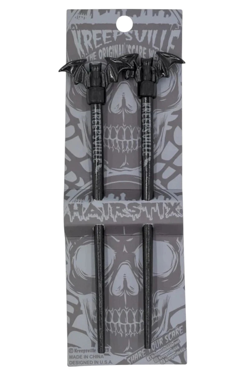 Kreepsville 666 Black Bat Hair Sticks Gothic Wooden Resin Pair