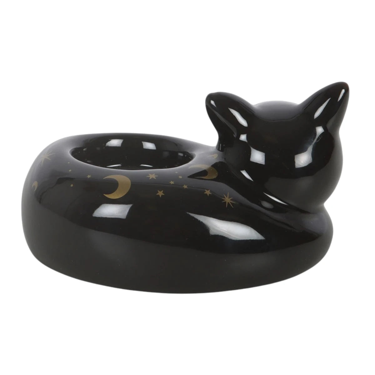 Curled Cat Tealight Holder – Black Magick Ceramic Decor