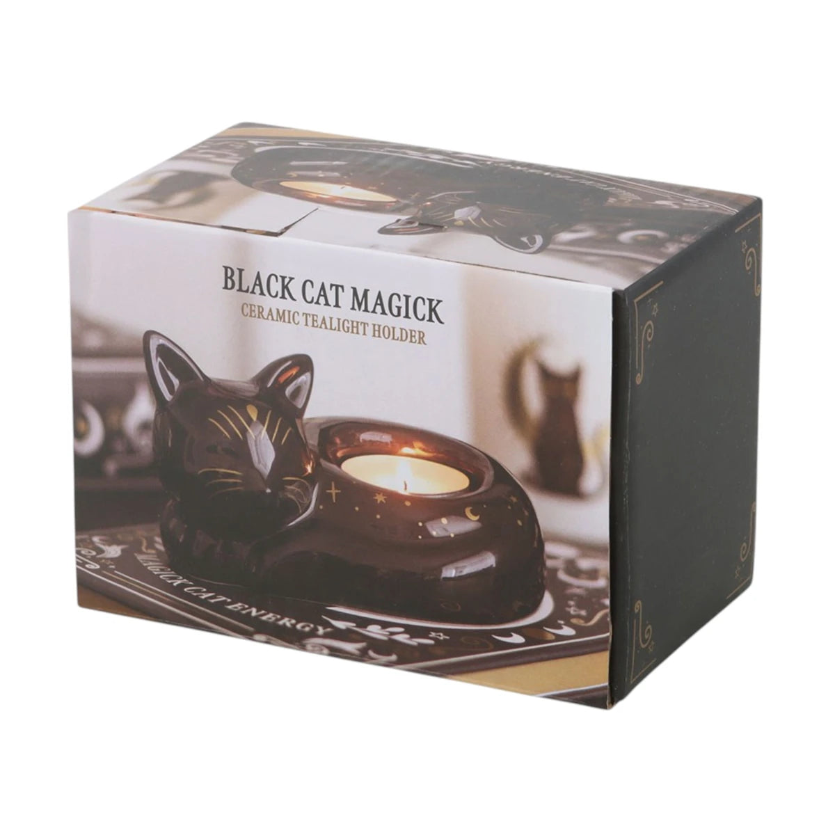 Curled Cat Tealight Holder – Black Magick Ceramic Decor
