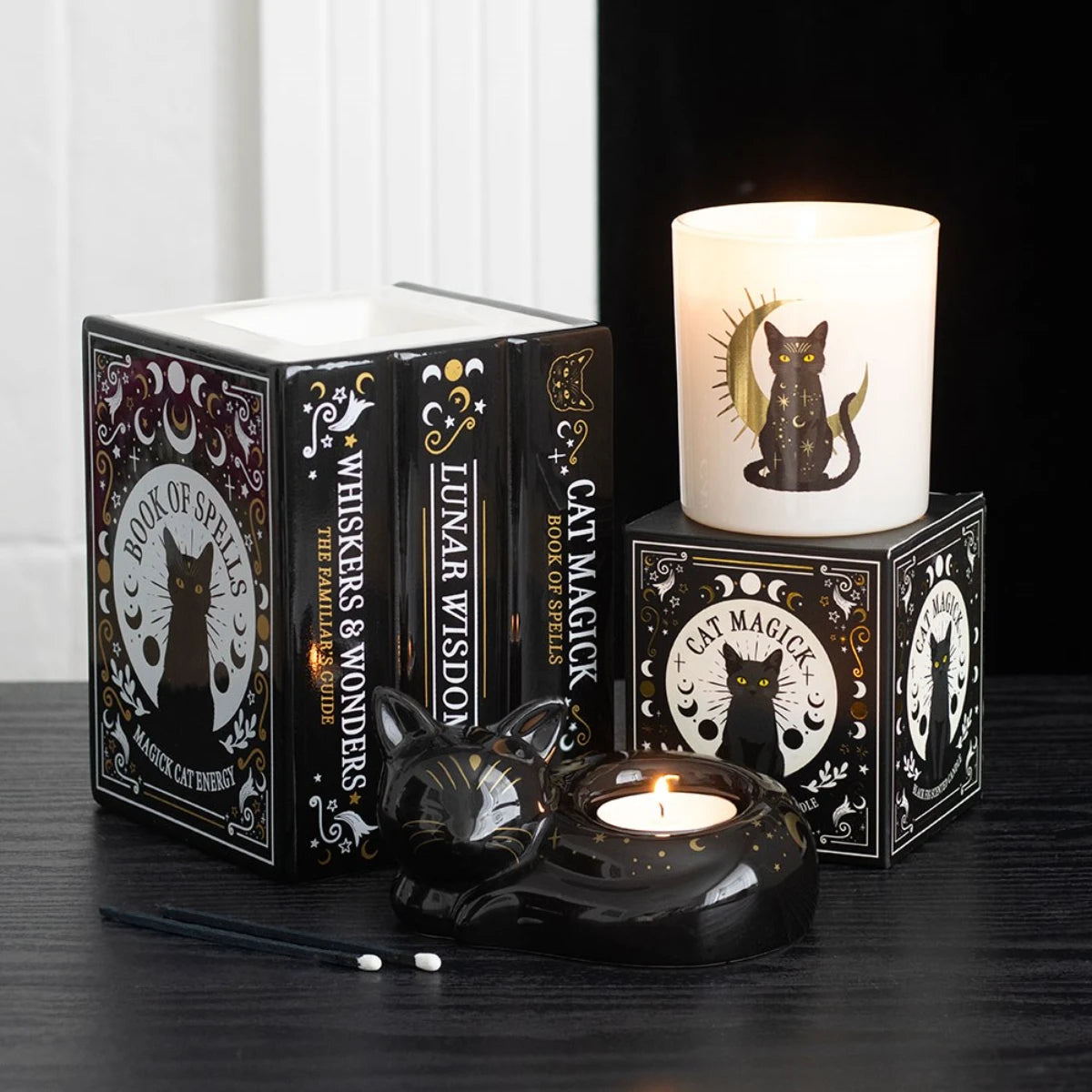 Curled Cat Tealight Holder – Black Magick Ceramic Decor