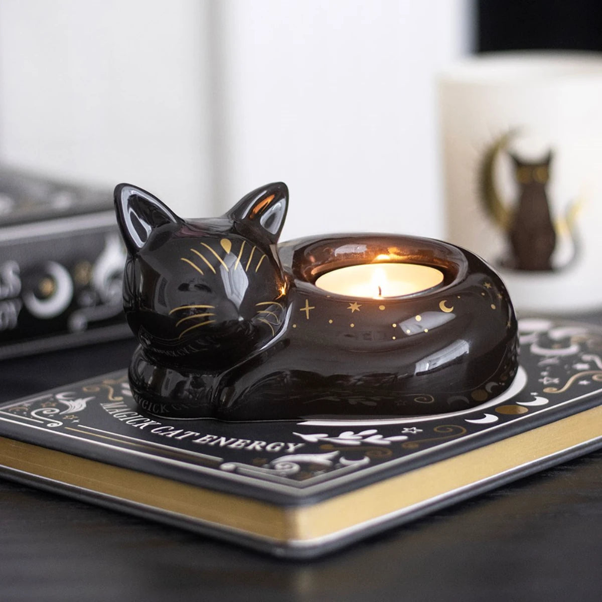 Curled Cat Tealight Holder – Black Magick Ceramic Decor