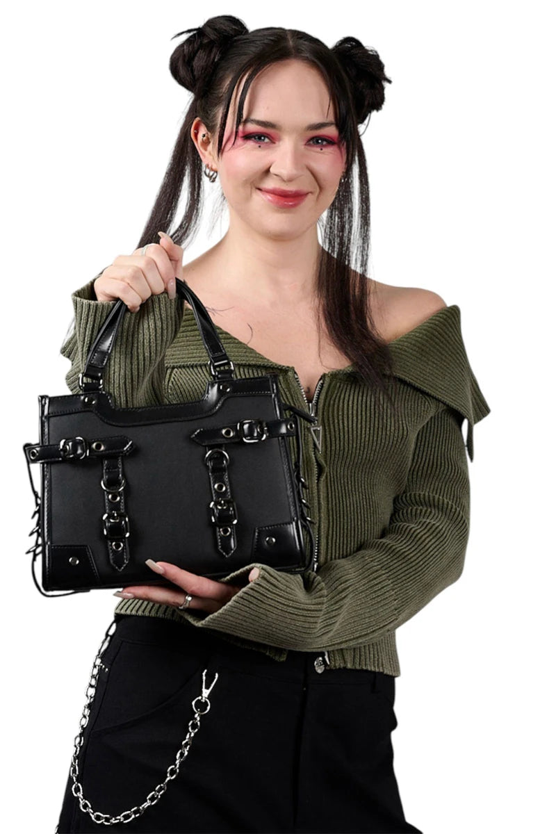 Banned Ledger Satchel Bag Black Structured Buckle Handbag