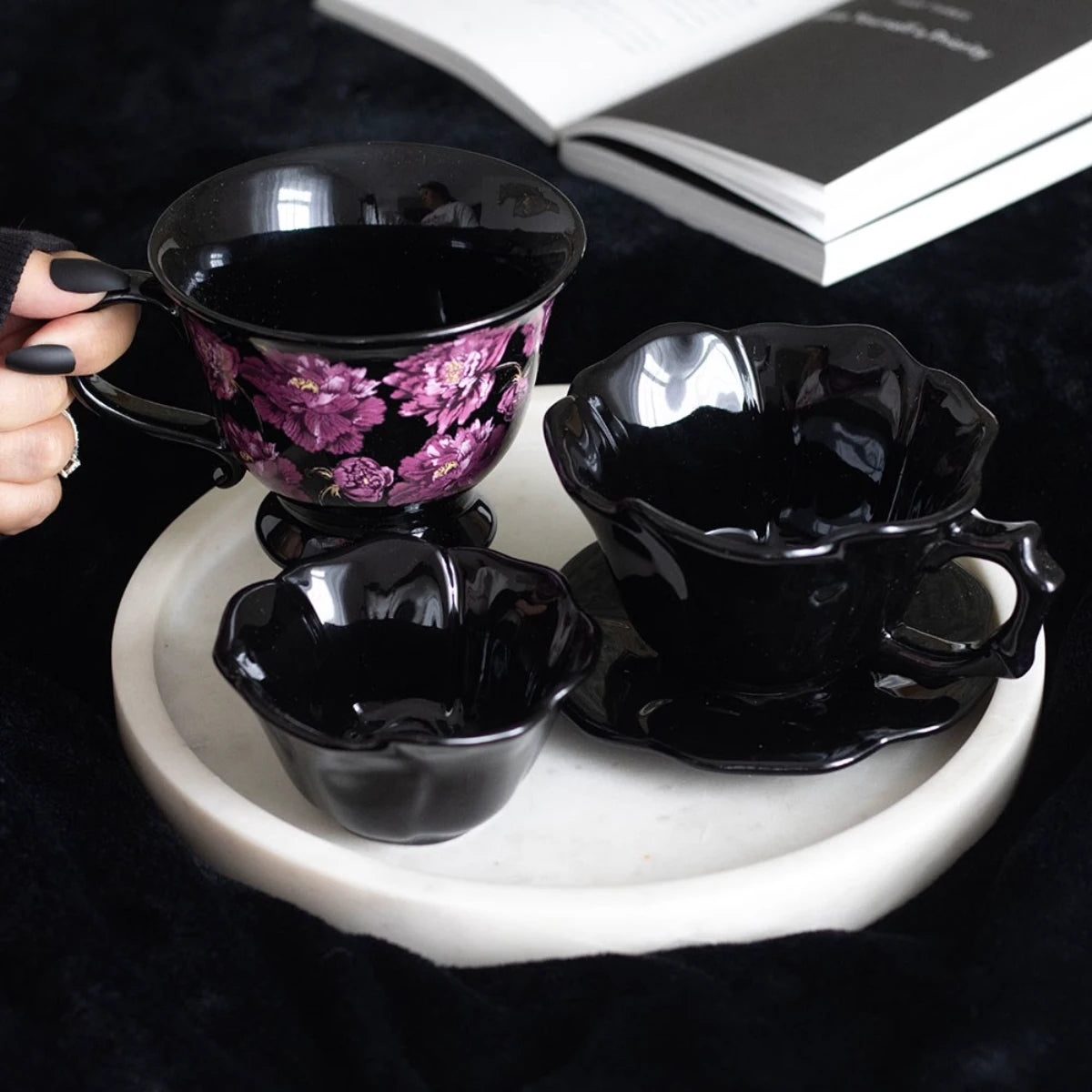 Black Rose Ceramic Teacup & Saucer – Gothic Petal Design