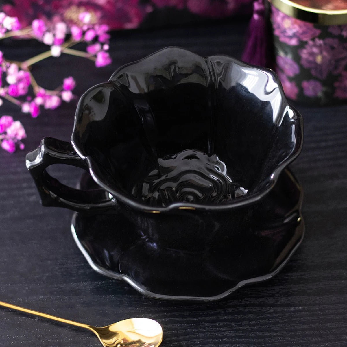 Black Rose Ceramic Teacup & Saucer – Gothic Petal Design